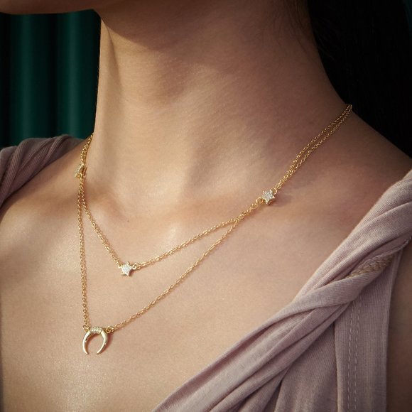 14K gold Crescent Moon Multi-Strand Gold Necklace - Picture 2 of 9